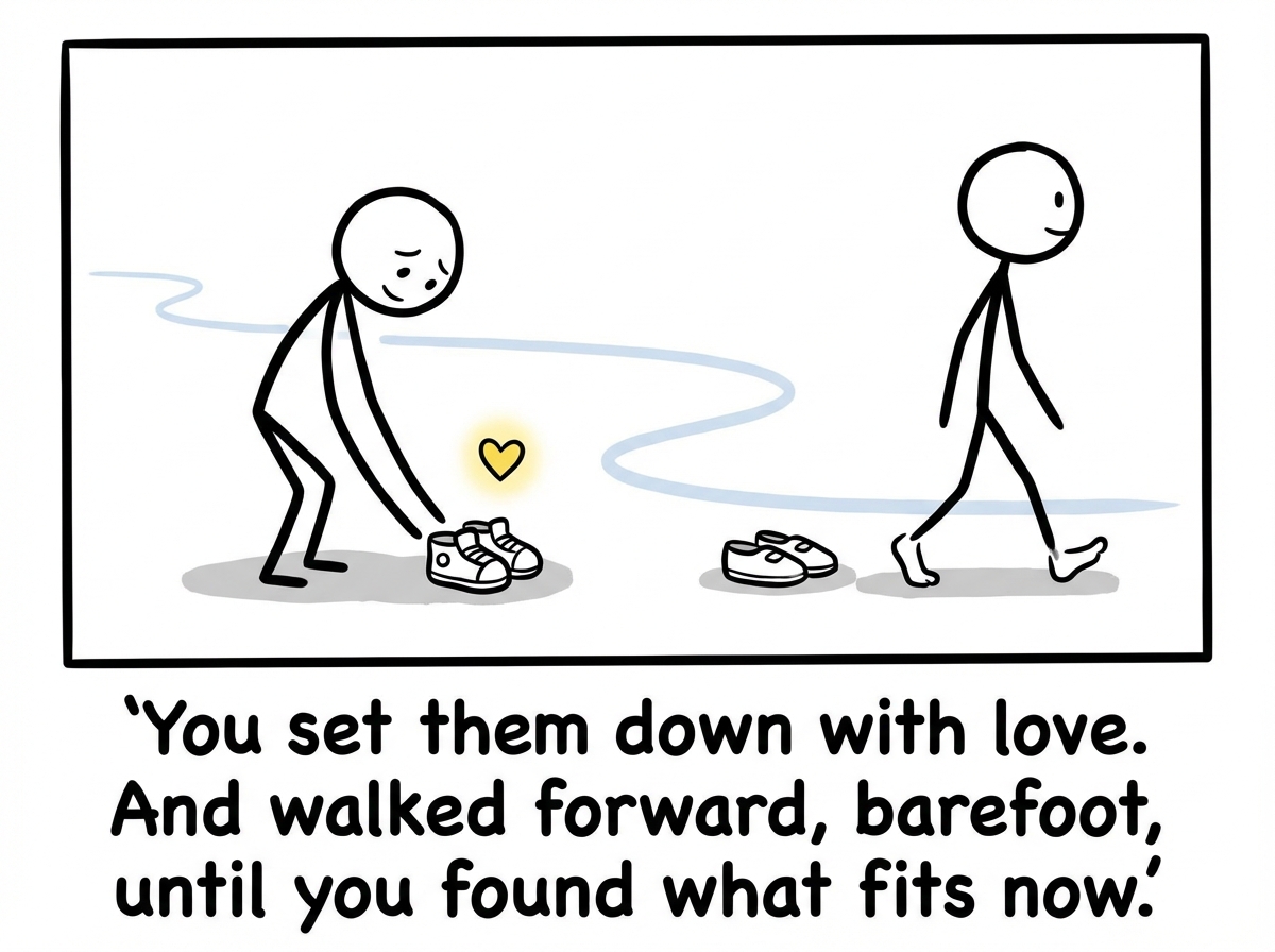 The stick figure kneeling and gently placing the small shoes on the side of the path, touching them one last time with a tender expression. Then they stand up barefoot and walk forward on a new stretch of road. In the distance, the faint outline of new shoes that might fit waits ahead.