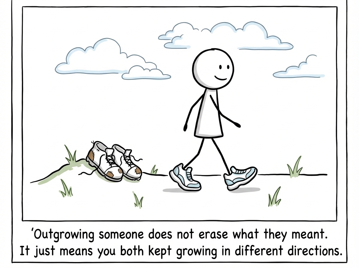 A stick figure holding the old shoes to their chest for a moment, then placing them on a shelf next to a photo of the old friendship, honoring the past while stepping into the present barefoot but free.