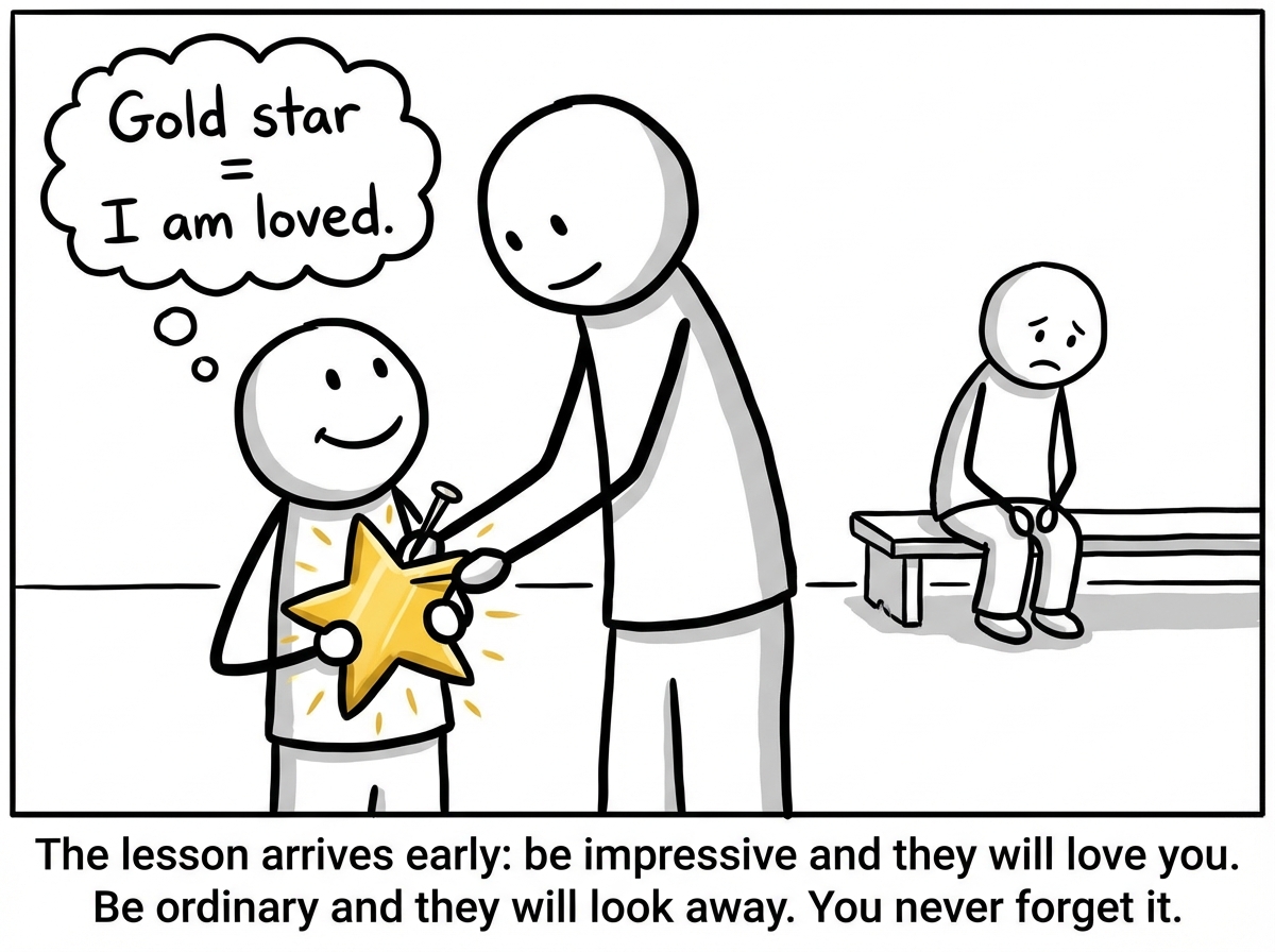 A young stick figure receiving a gold star from a tall adult figure. The child's face is beaming, and above their head a thought bubble shows an equation: 'Gold star = I am loved.' In the background, another child without a gold star sits alone, looking sad. The young figure clutches the star tightly to their chest, eyes wide with the revelation that performance unlocks affection.