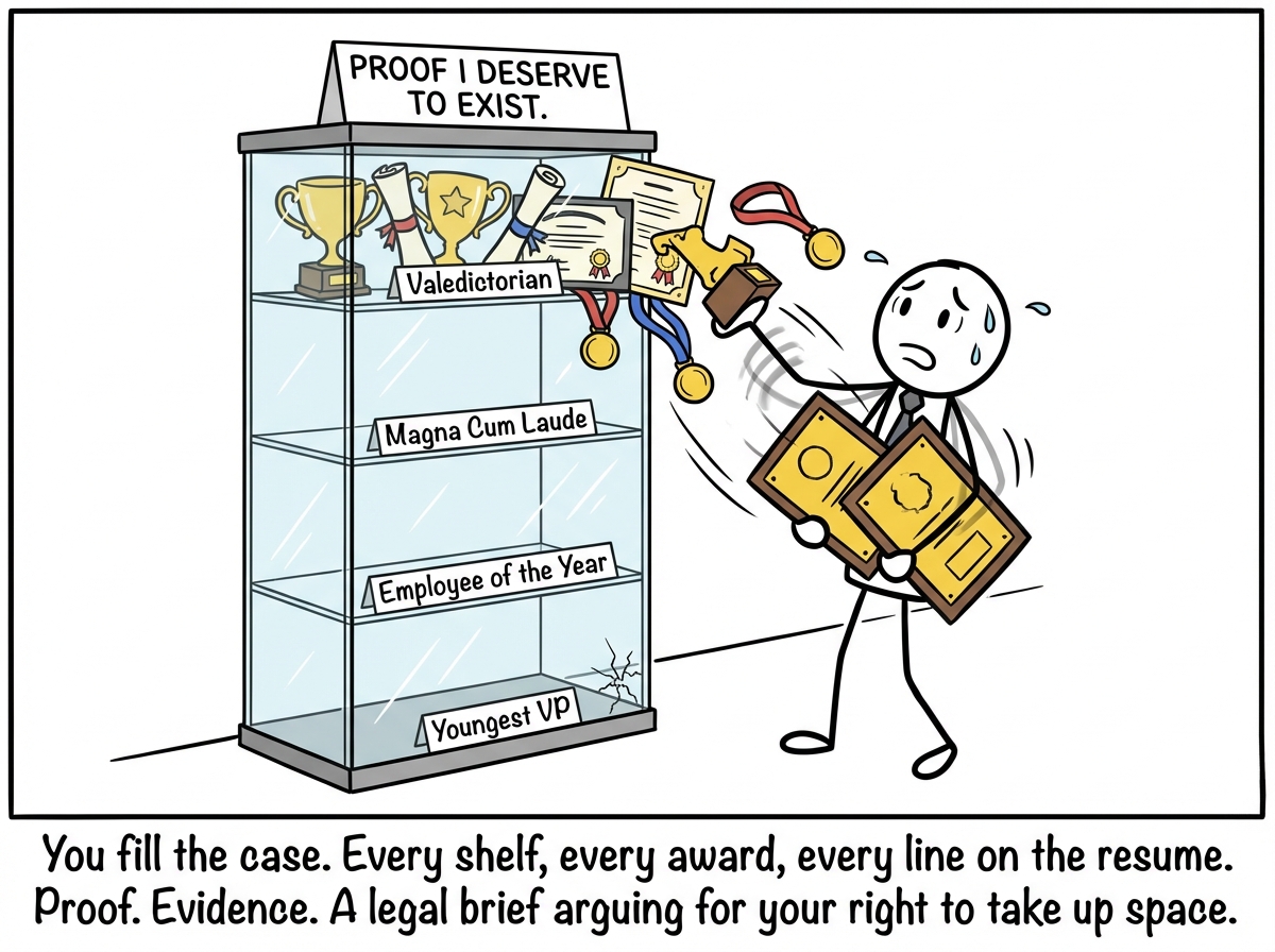 The stick figure, now grown, frantically stacking trophies, diplomas, certificates, and medals into a towering glass case. They are sweating and moving at high speed, carrying three awards at once. The case is labeled 'PROOF I DESERVE TO EXIST.' Each shelf is labeled with a life stage: 'Valedictorian,' 'Magna Cum Laude,' 'Employee of the Year,' 'Youngest VP.' A small crack runs along the bottom of the case that the figure has not noticed.