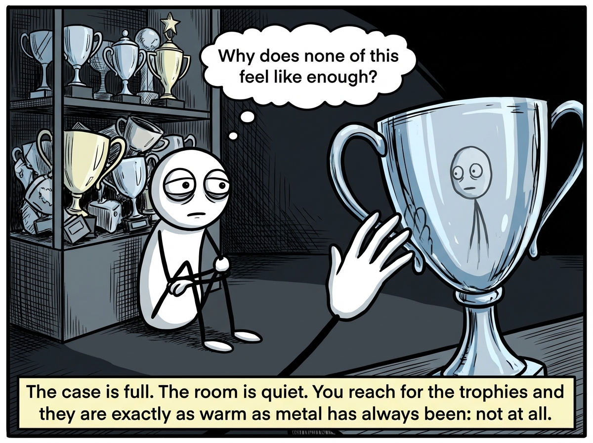 The stick figure sits on the floor next to the now-overflowing trophy case late at night, arms wrapped around their knees. The room is dark except for the cold gleam of the trophies. The figure reaches one hand toward the case as if hoping for warmth, but the trophies reflect back only their own face, distorted and alone. A thought bubble reads 'Why does none of this feel like enough?'