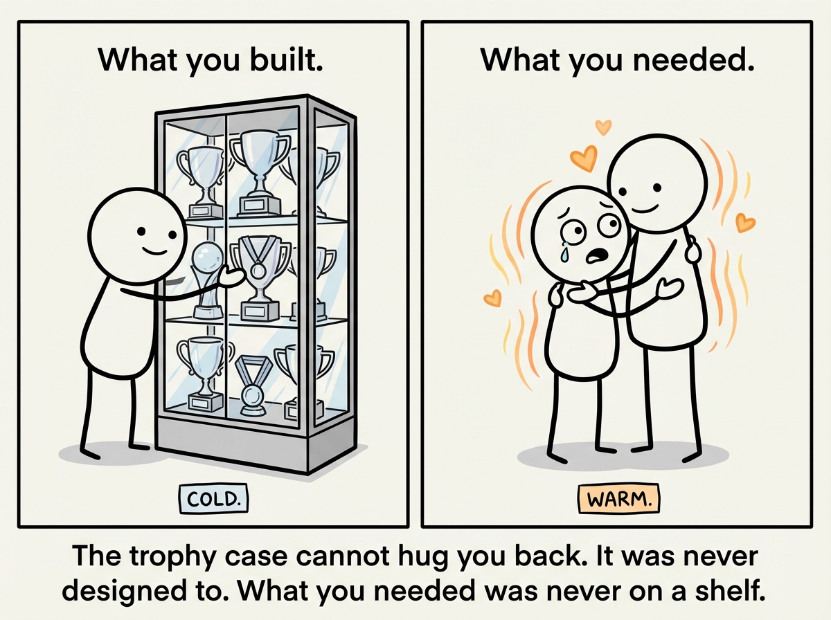 Two frames side by side. On the left, the stick figure hugging the trophy case, which remains rigid and cold, with the caption 'What you built.' On the right, the same stick figure being hugged by another person -- no trophies visible, just two stick figures in a simple embrace, with warmth lines radiating outward and the caption 'What you needed.' The figure's expression on the right is one of profound, startled relief.
