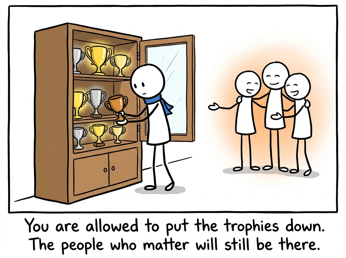 A stick figure standing in front of the trophy case with the door open, gently placing one trophy down and turning toward a group of people waiting with open arms, taking the first terrifying step toward connection without credentials.