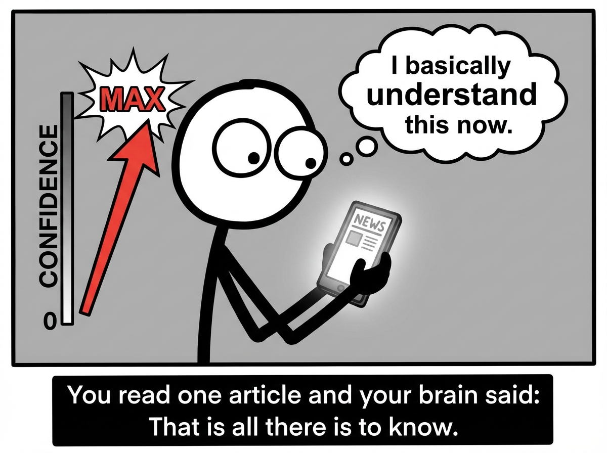 A stick figure reading a single article on their phone, eyes widening. A confidence meter next to them shoots from zero to maximum. Thought bubble: 'I basically understand this now.'