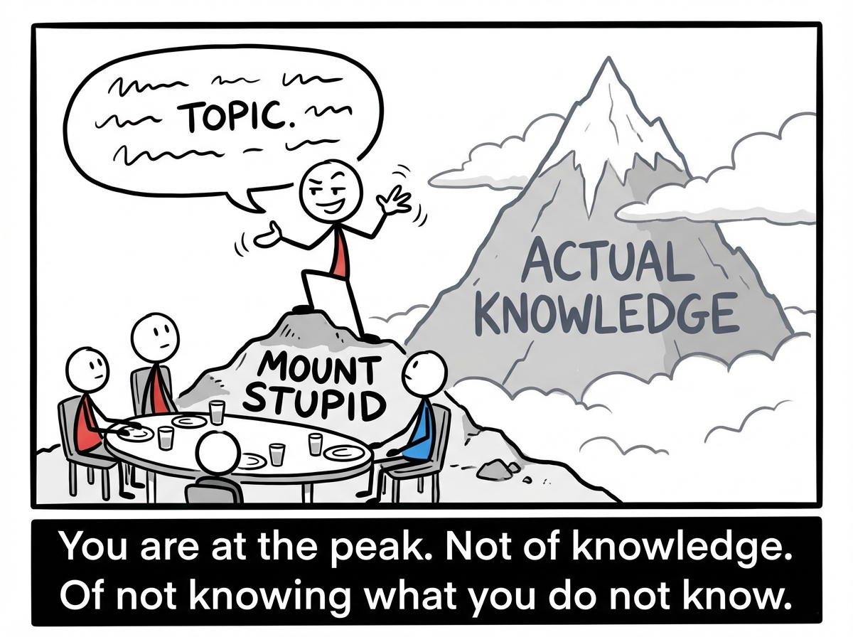 The stick figure at a dinner party confidently explaining the topic to friends, using big hand gestures. They are standing on a small hill labeled 'Mount Stupid.' Behind them, an enormous mountain labeled 'Actual Knowledge' looms, but they cannot see it.