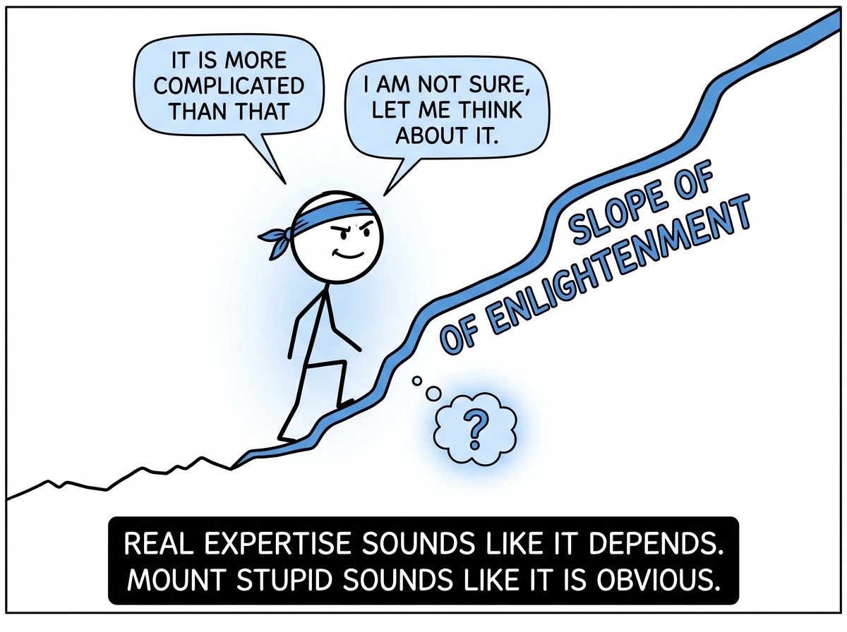 The stick figure slowly climbing the Slope of Enlightenment, now saying 'It is more complicated than that' and 'I am not sure, let me think about it.' Their confidence is moderate but genuine.