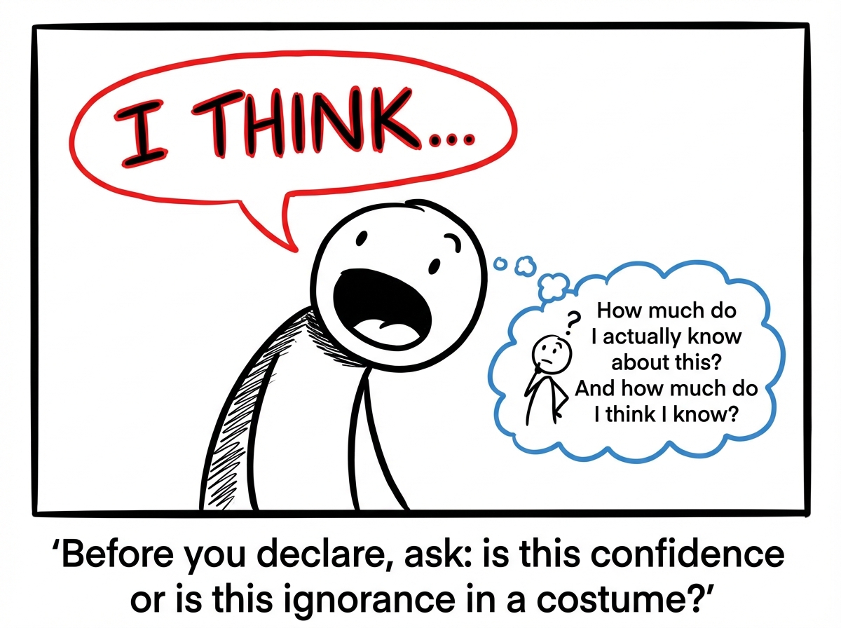 A stick figure about to declare an opinion, pausing to ask: 'How much do I actually know about this? And how much do I think I know?'