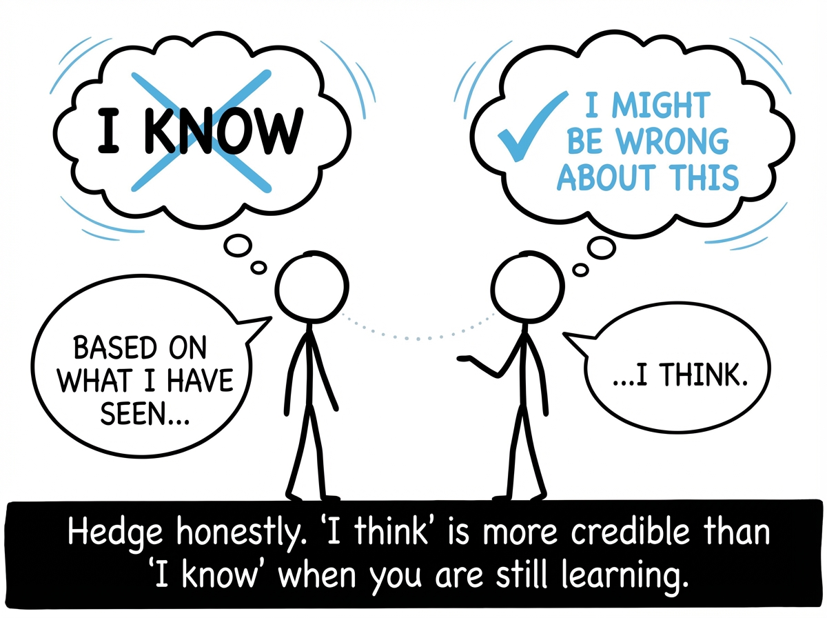 The stick figure replacing 'I know' with 'Based on what I have seen' and 'I might be wrong about this' -- speaking with more precision