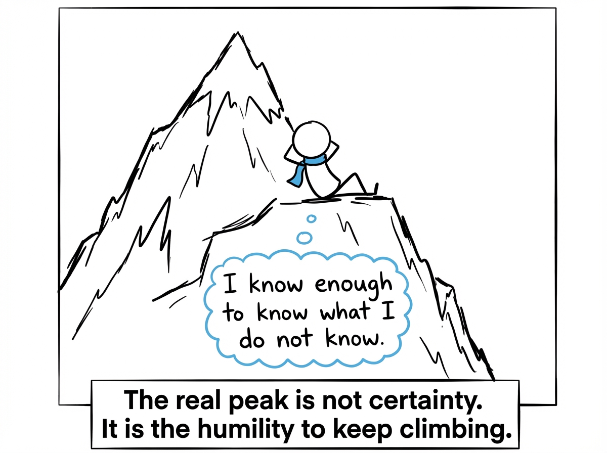The stick figure comfortable at a moderate altitude on the mountain, no longer needing to be at the peak, thought bubble: 'I know enough to know what I do not know'
