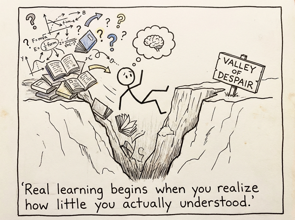The stick figure falling into the Valley of Despair as they realize how much they do not know, books and complexity everywhere