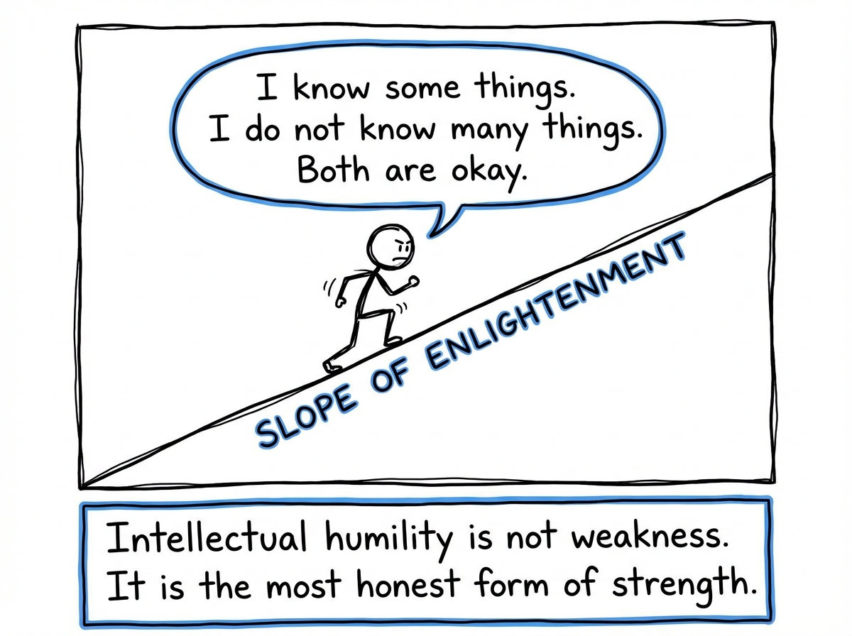 The stick figure climbing slowly up the Slope of Enlightenment, saying 'I know some things. I do not know many things. Both are okay.'