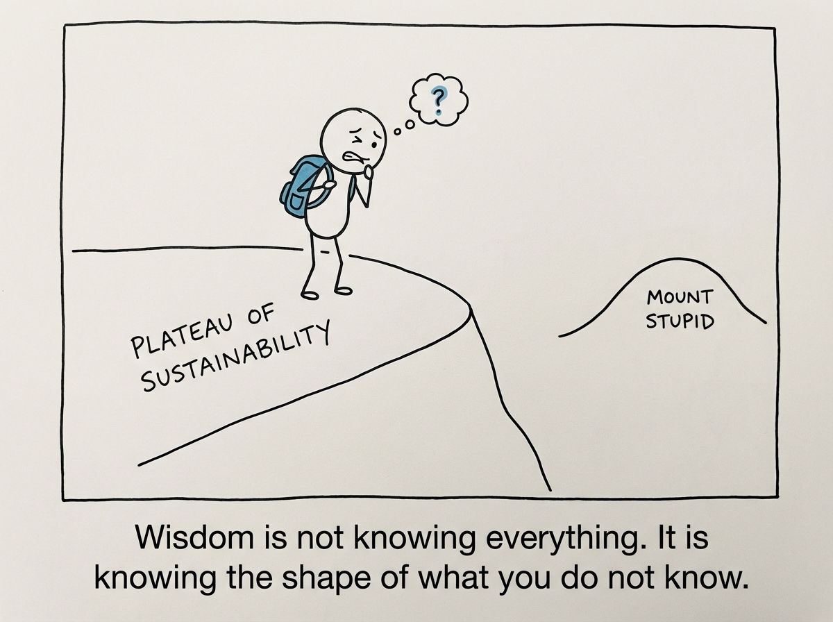 The stick figure at a moderate height on the Plateau of Sustainability, looking back at Mount Stupid with a wince