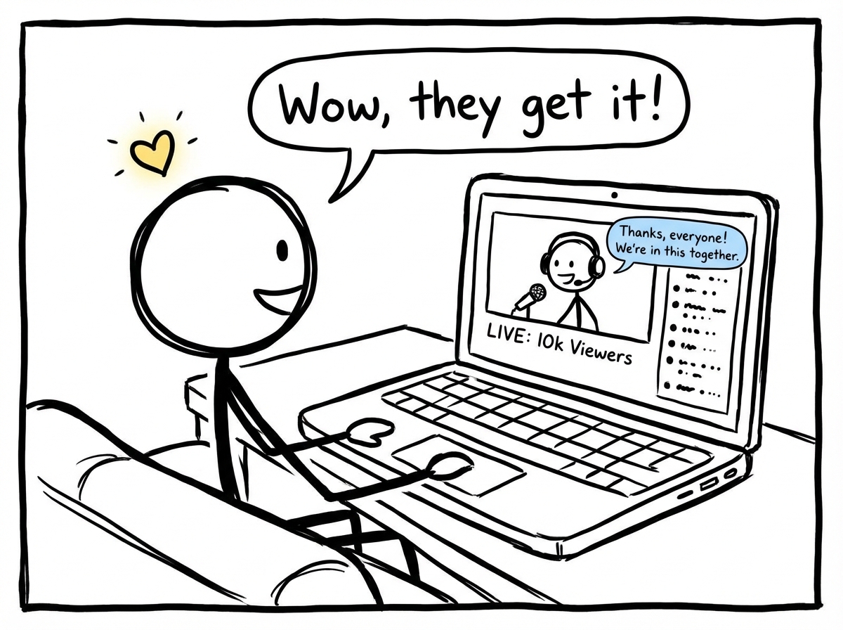 A stick figure watching a streamer on their laptop, feeling understood and connected, while the streamer addresses thousands of people simultaneously