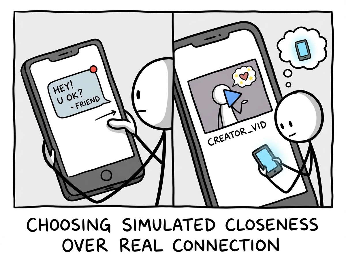 The stick figure scrolling past a friend's text to watch another creator video, choosing simulated closeness over real but messy connection