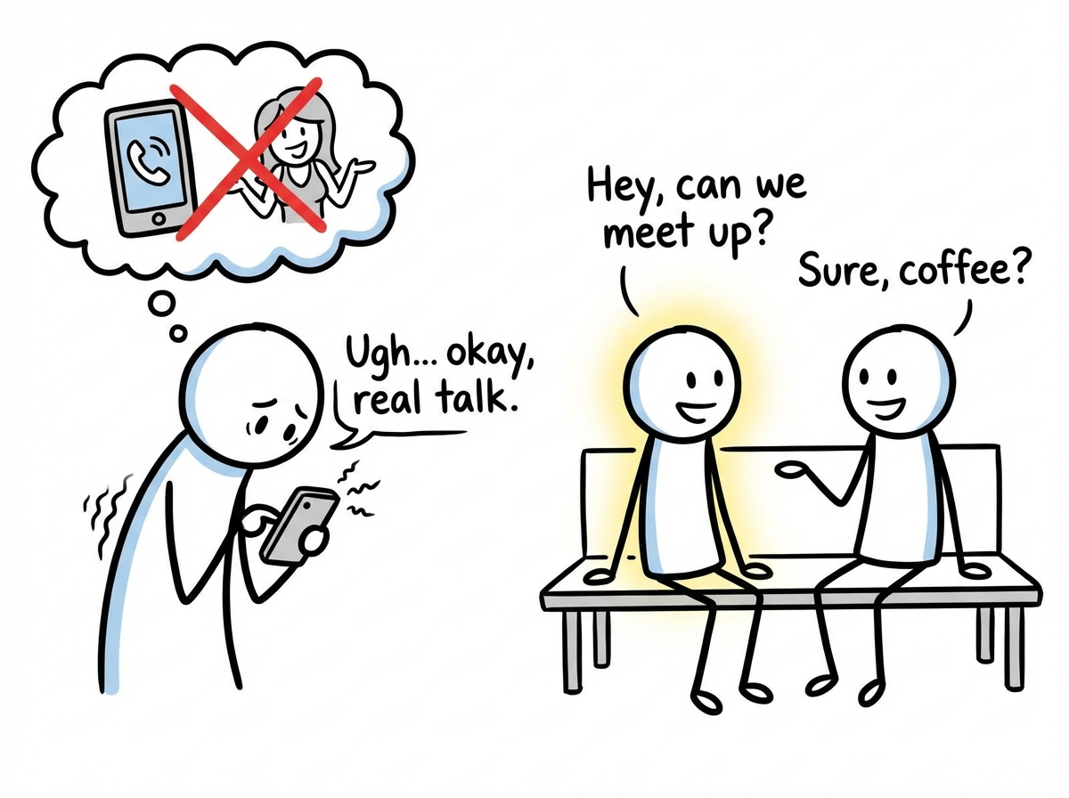 The stick figure texting back the friend, feeling awkward and exposed, but showing up for a real conversation instead of a parasocial one