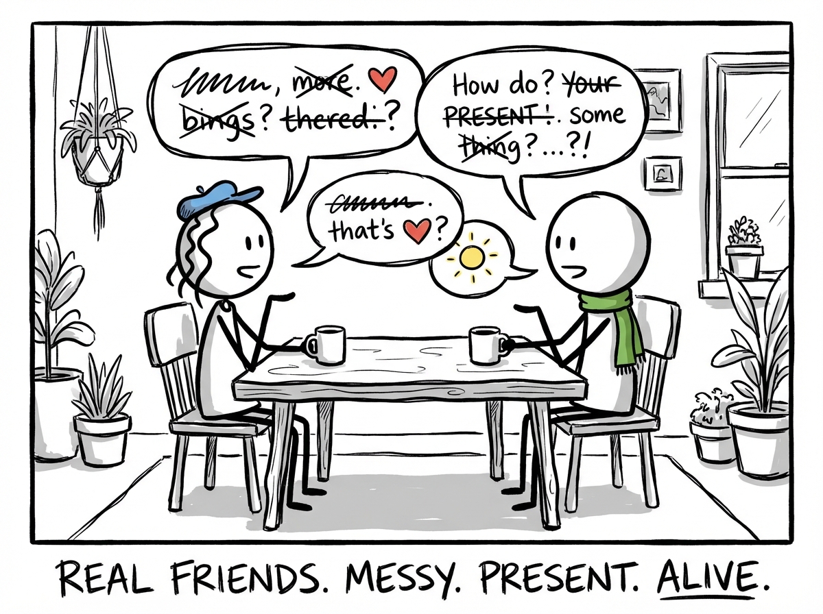 The stick figure sitting across from a real friend, both imperfect and present, the conversation messier but more alive than any stream