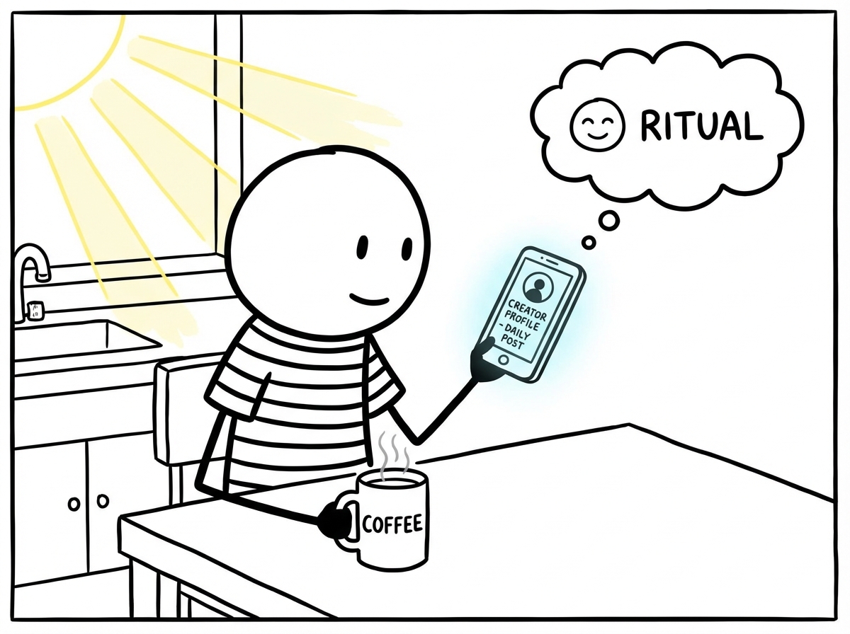 A stick figure in a morning routine: coffee in hand, phone open to a creator's profile, scrolling through their daily post with a content smile -- a ritual
