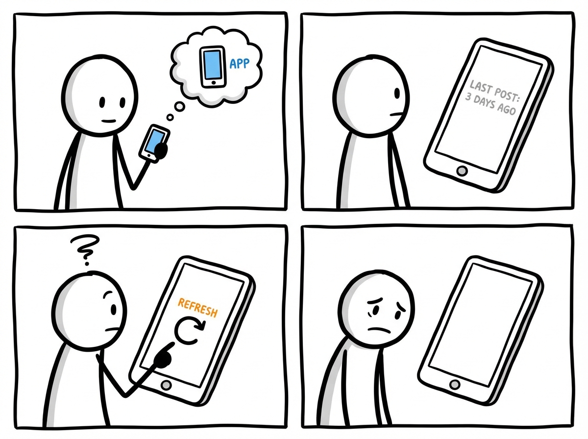 The stick figure opening the app to find no new post, no story, no update -- just the last post from days ago. Refreshing the page with a confused expression.