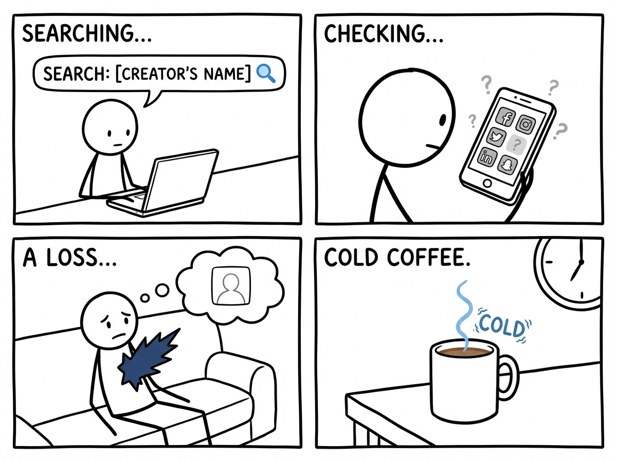 The stick figure searching the creator's name online, checking other platforms, feeling a genuine sense of loss -- a hole in their morning, coffee going cold