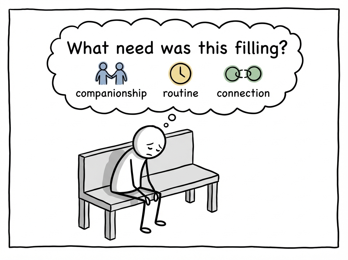 The stick figure sitting quietly, accepting the grief, with a thought bubble asking 'What need was this filling?' with small icons for companionship, routine, and connection