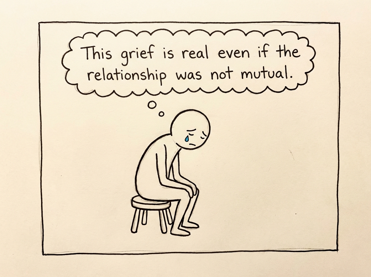 A stick figure sitting with a heavy feeling, a thought bubble acknowledging 'This grief is real even if the relationship was not mutual'