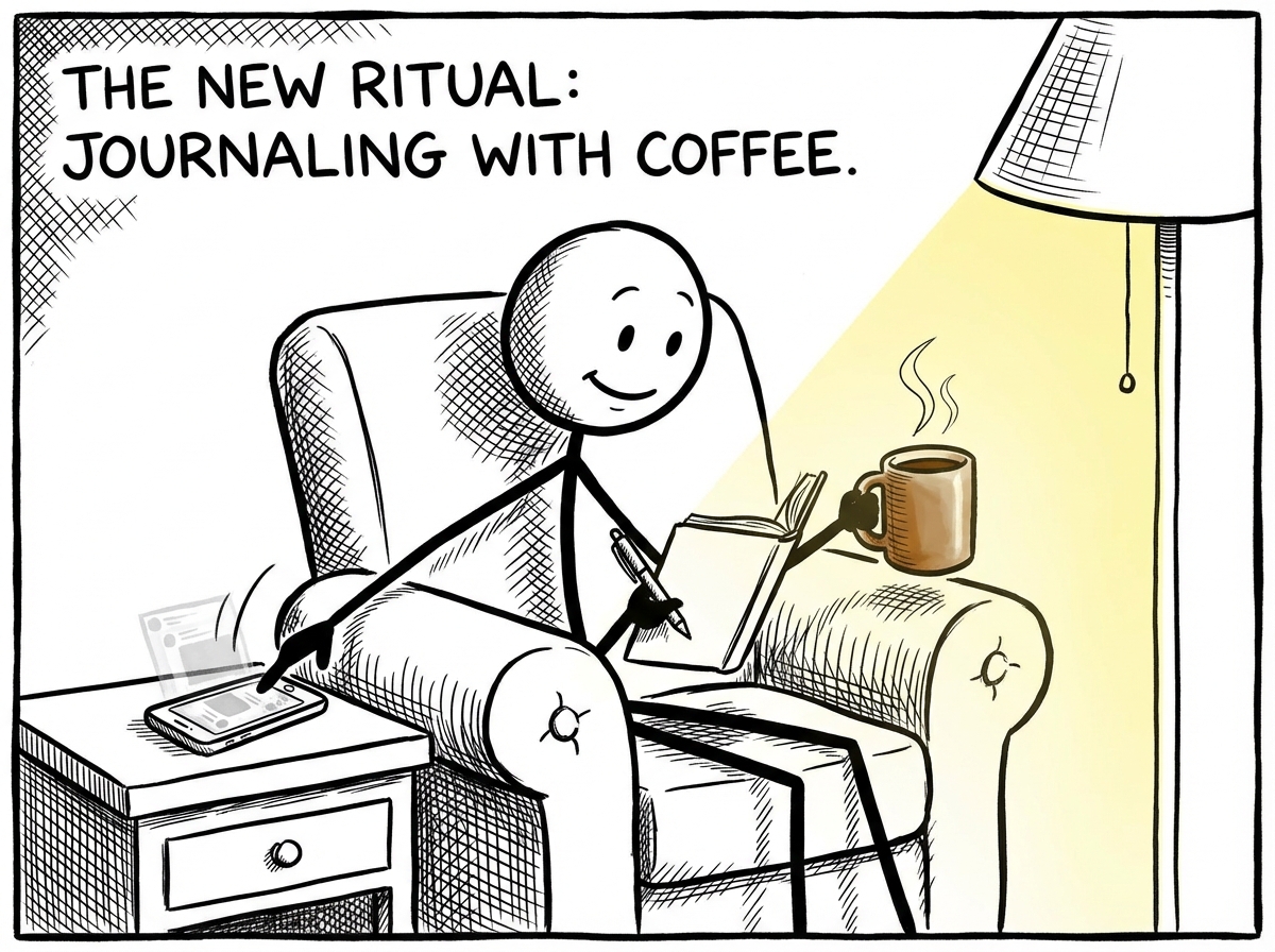 A stick figure replacing the morning scroll with a new ritual -- journaling with coffee, still in the same chair