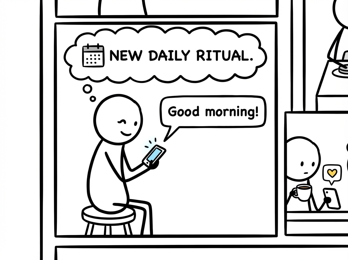 A stick figure texting a real friend 'Good morning' as a new daily ritual, with a small smile