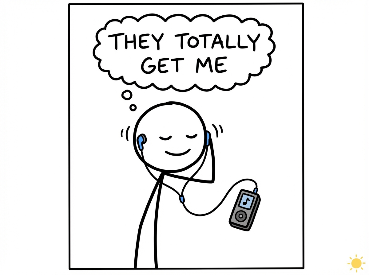 A stick figure with earbuds in, listening to a podcast, nodding along with a warm smile, thought bubble showing 'They totally get me'