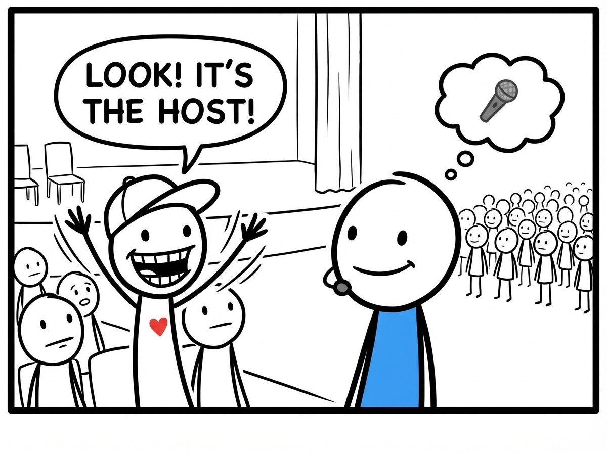 The stick figure at a live event spotting the podcast host, waving excitedly with a huge grin -- the host smiles politely and looks past them at the crowd