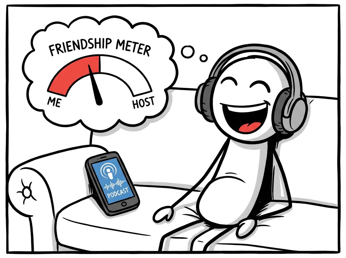 A stick figure listening to a podcast with a thought bubble showing a friendship meter -- their side is full, the host's side is empty