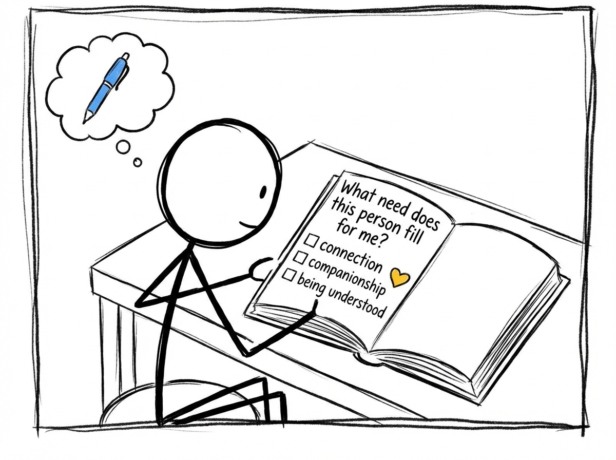 A stick figure writing in a journal with the prompt 'What need does this person fill for me?' with options like 'connection,' 'companionship,' 'being understood'
