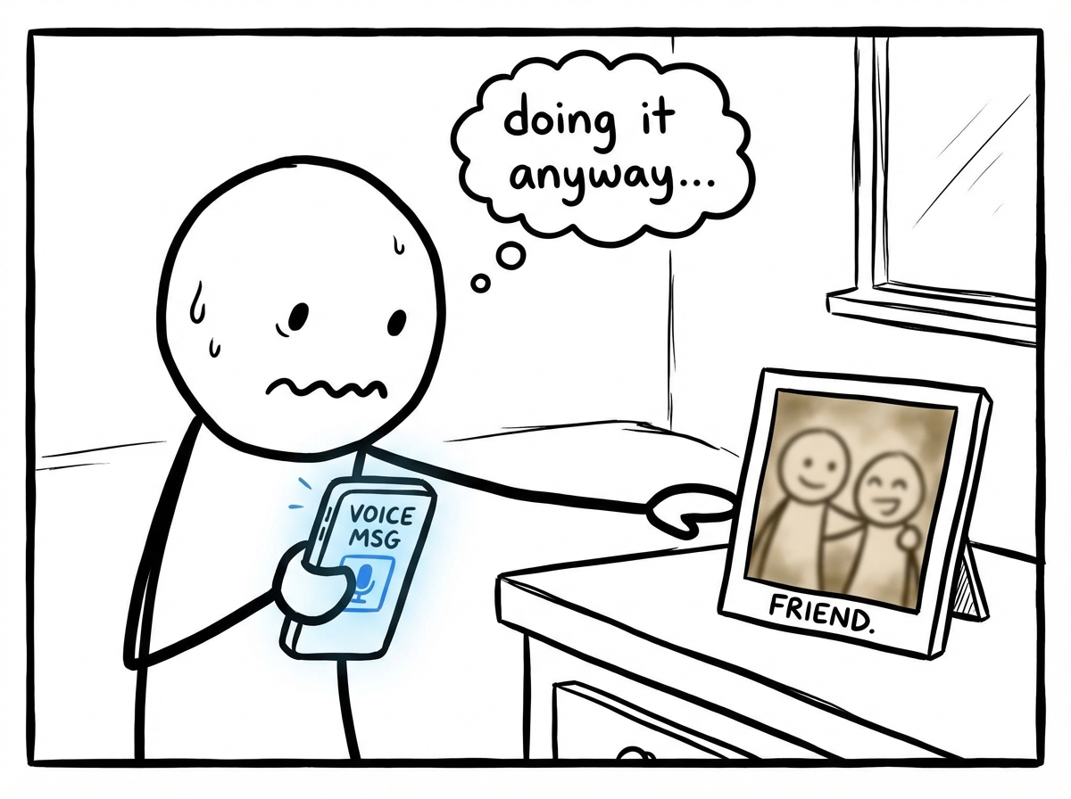 A stick figure reaching out to a real friend, sending a voice message, looking slightly nervous but doing it anyway