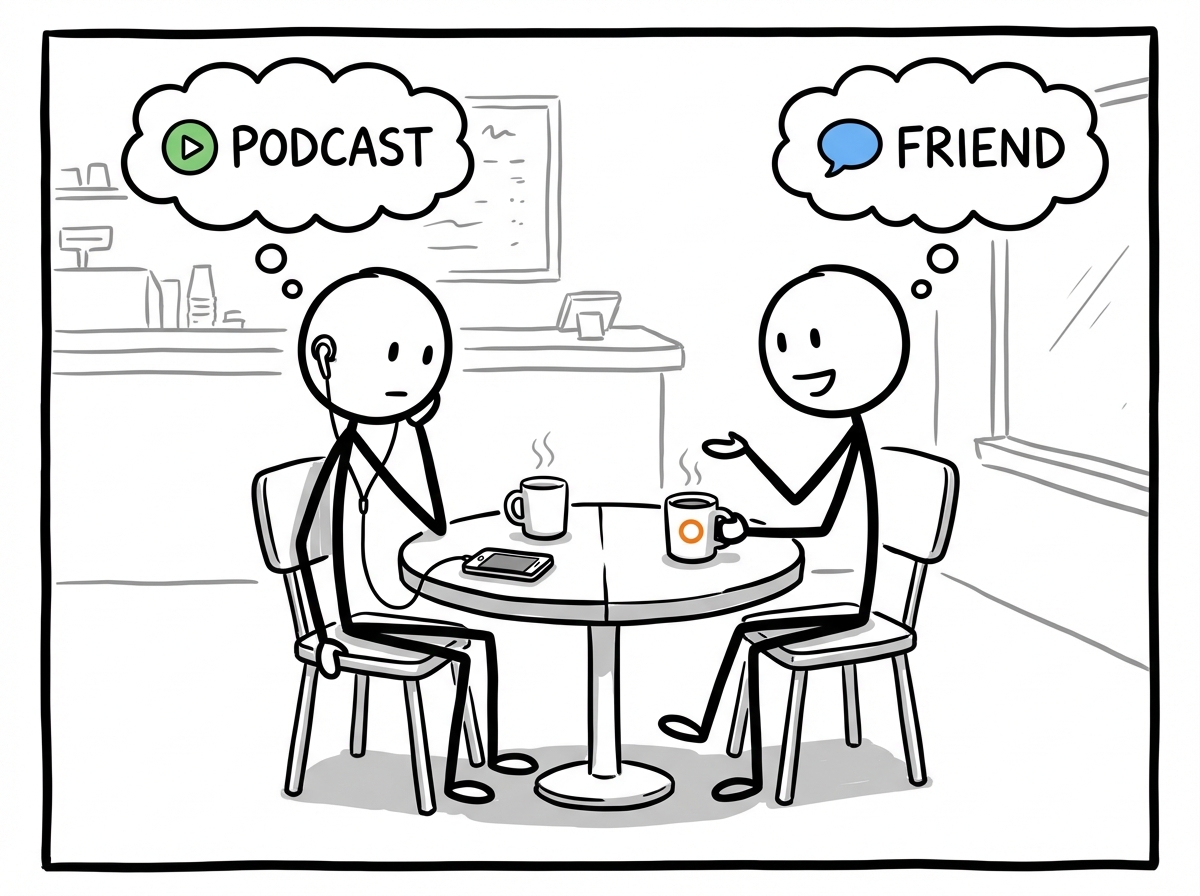 A stick figure still listening to the podcast but also sitting across from a friend at a coffee shop, balancing both
