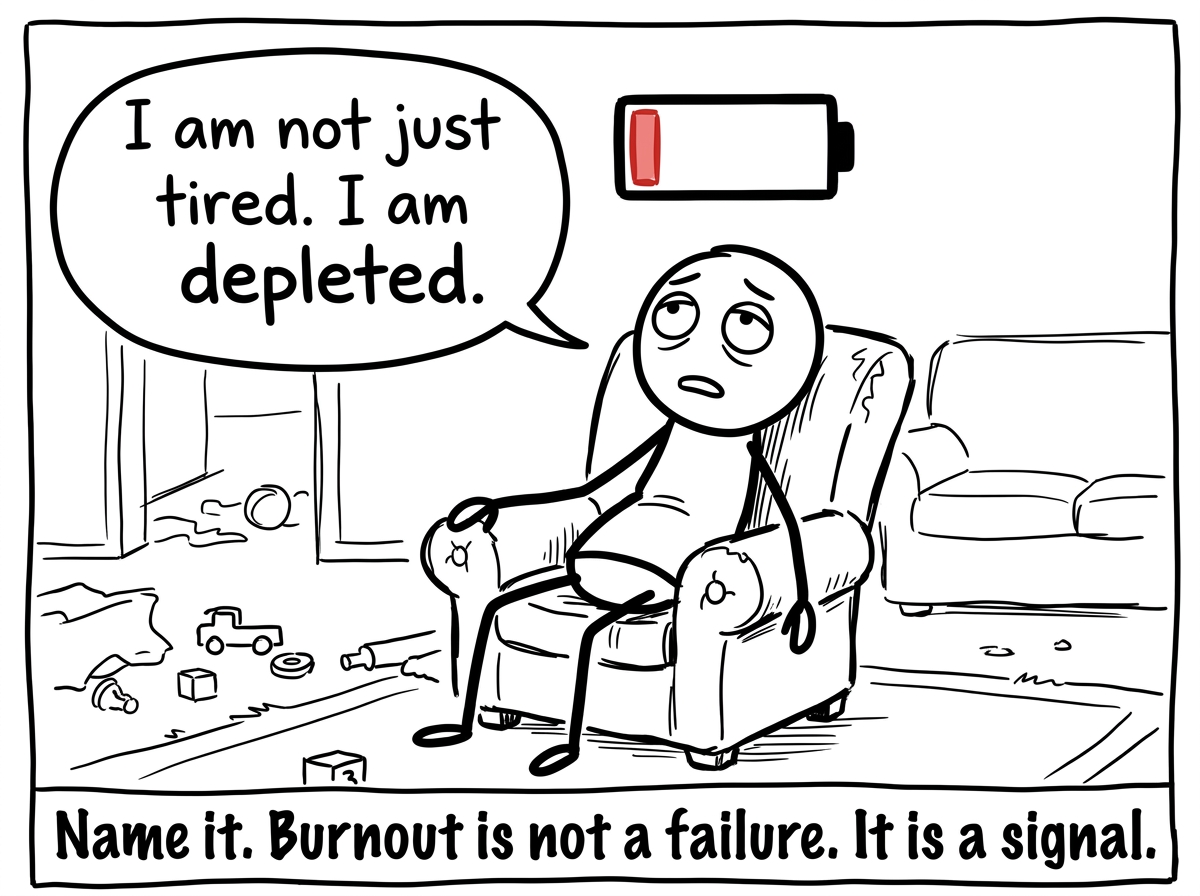 A stick figure parent staring at an empty battery icon above their head, finally admitting aloud 'I am not just tired. I am depleted'