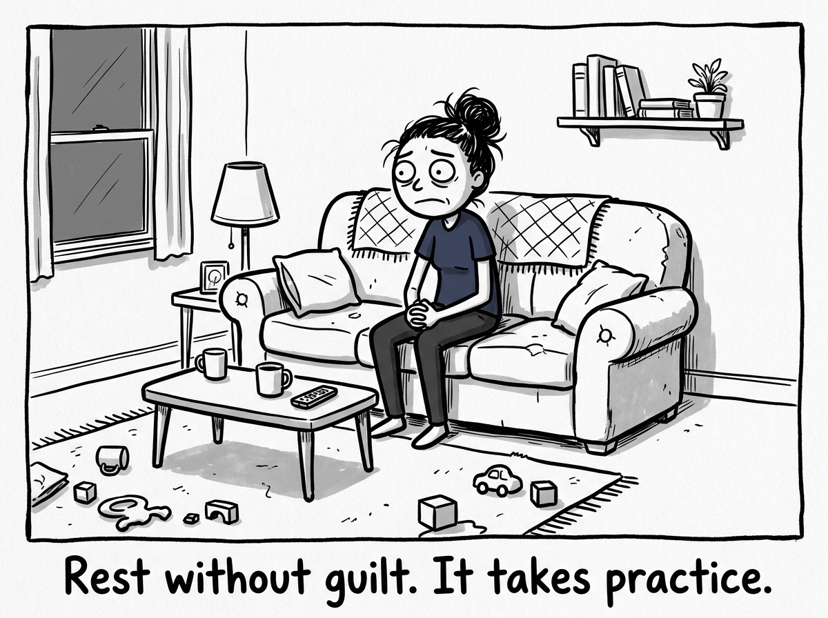 The parent sitting alone on the couch with nothing to do, looking uncomfortable but staying put, practicing rest