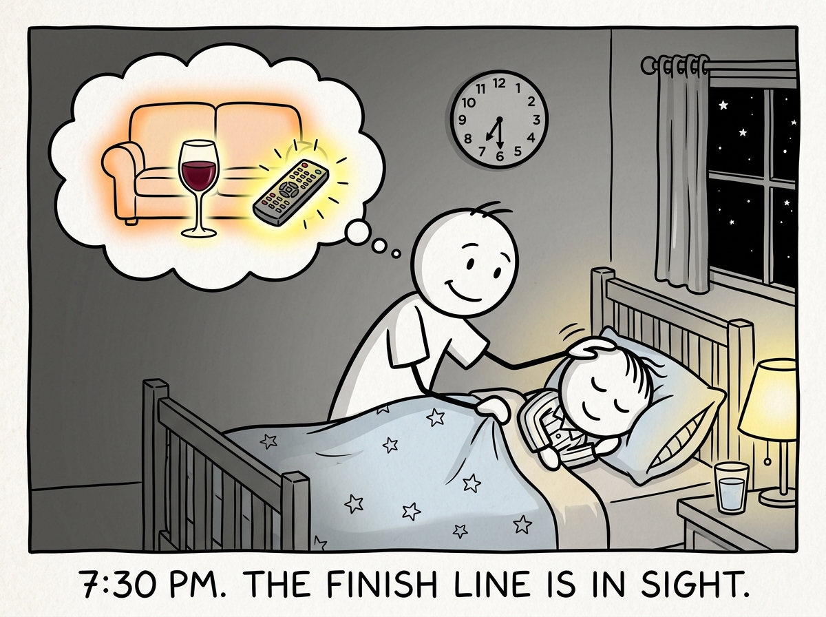 A parent tucking a child into bed with a calm smile. A clock on the wall reads 7:30 PM. The parent's thought bubble shows a couch, a glass of wine, and a TV remote glowing like a holy grail