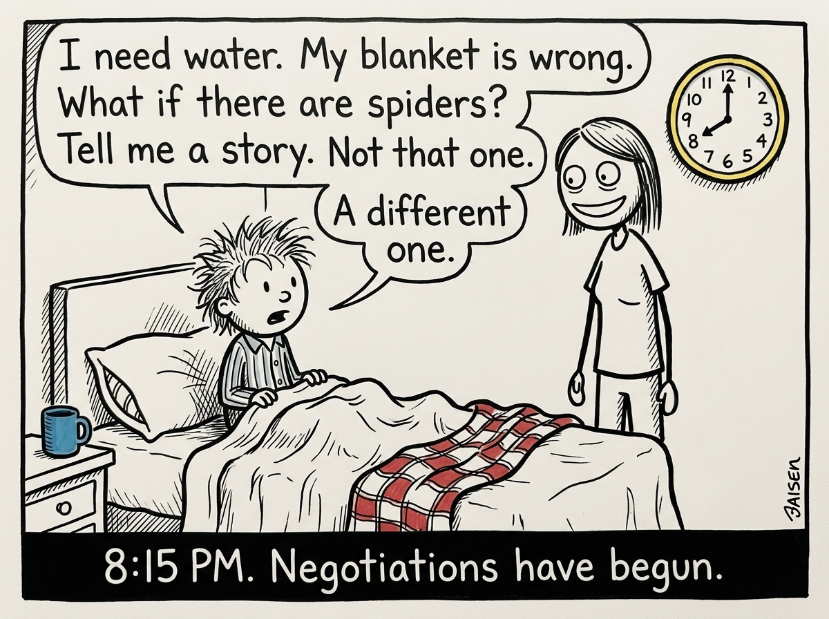 The child sitting up in bed. 'I need water. My blanket is wrong. What if there are spiders? Tell me a story. Not that one. A different one.' The clock now reads 8:15. The parent's calm smile has become a frozen mask