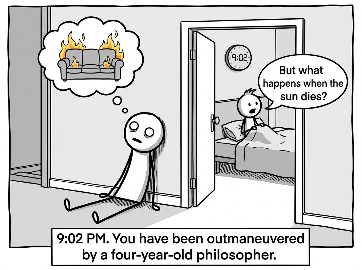 The clock reads 9:02. The child is asking 'But what happens when the sun dies?' The parent is sitting on the floor outside the bedroom door, head against the wall, eyes hollow. The holy grail couch in their thought bubble is now on fire