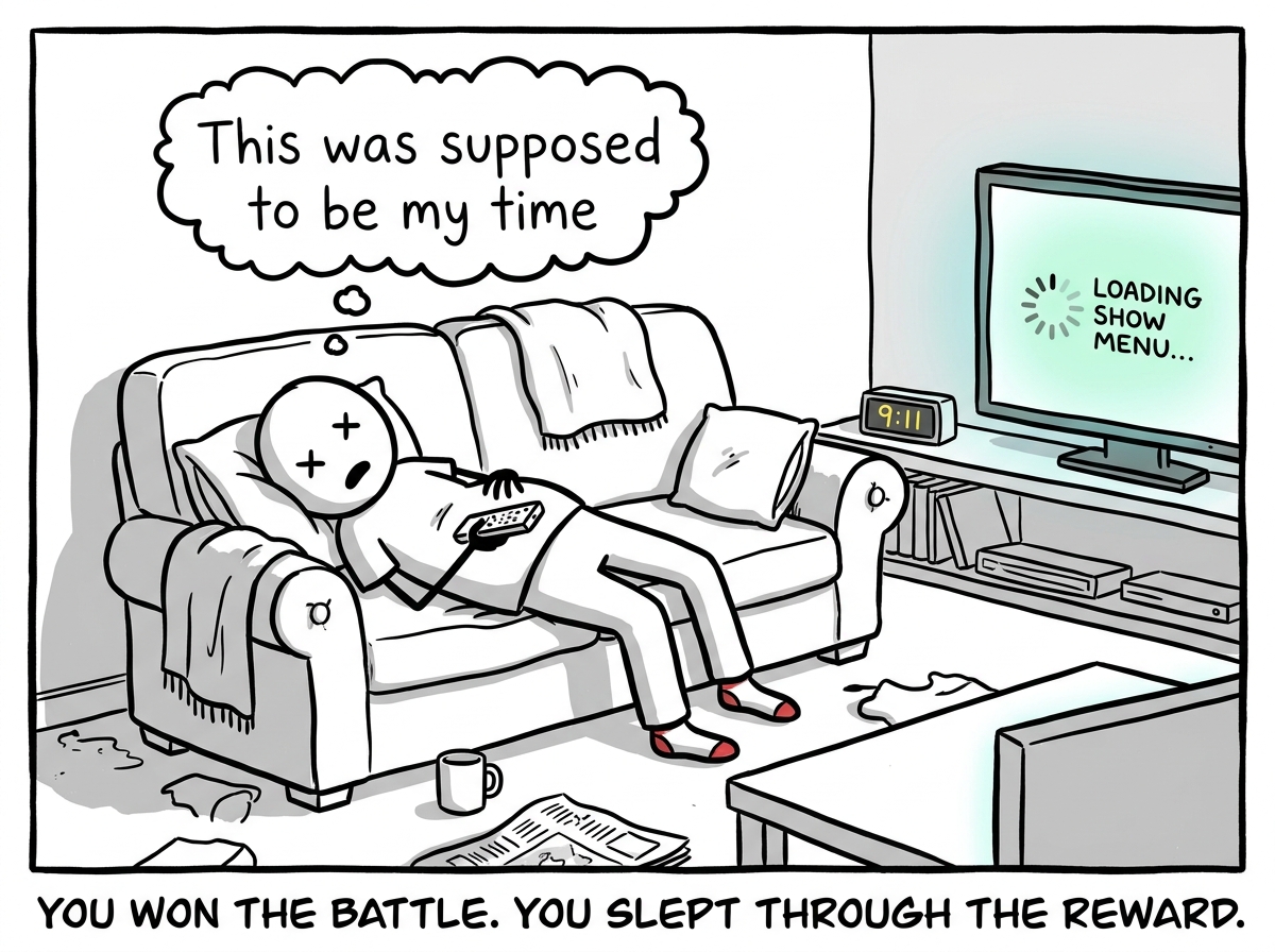 The parent finally on the couch, but passed out cold. The TV remote is in their hand, the show menu still loading on screen. The clock reads 9:11. A thought bubble weakly says 'This was supposed to be my time'