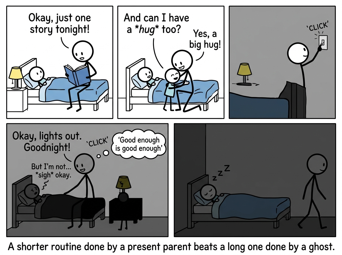 The parent doing a simplified bedtime routine -- one story, one hug, lights out. The child protests briefly but settles. The parent's thought bubble reads 'Good enough is good enough'