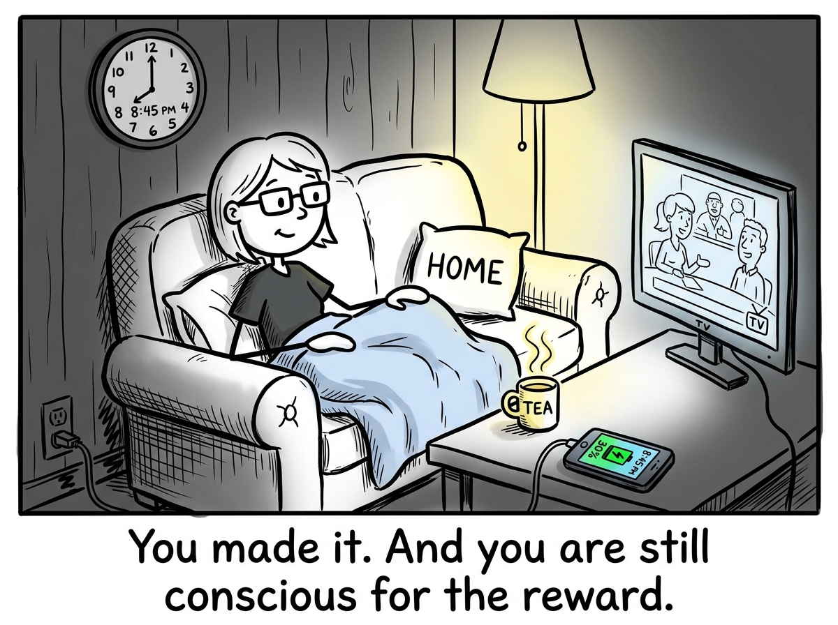 The parent on the couch at 8:45 PM, actually awake, watching their show with a cup of tea. Battery at 30 percent and charging. A small smile on their face