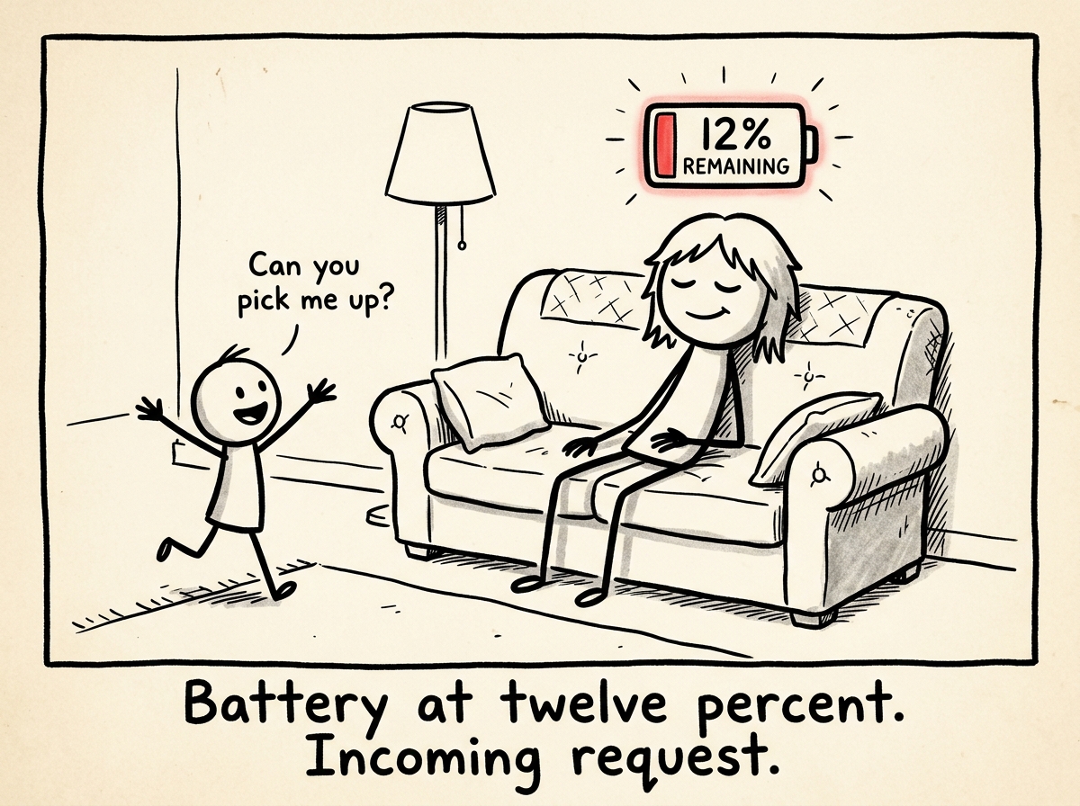 A parent sitting on a couch with a peaceful expression. A battery icon above their head shows 12 percent remaining. One child approaches asking to be picked up