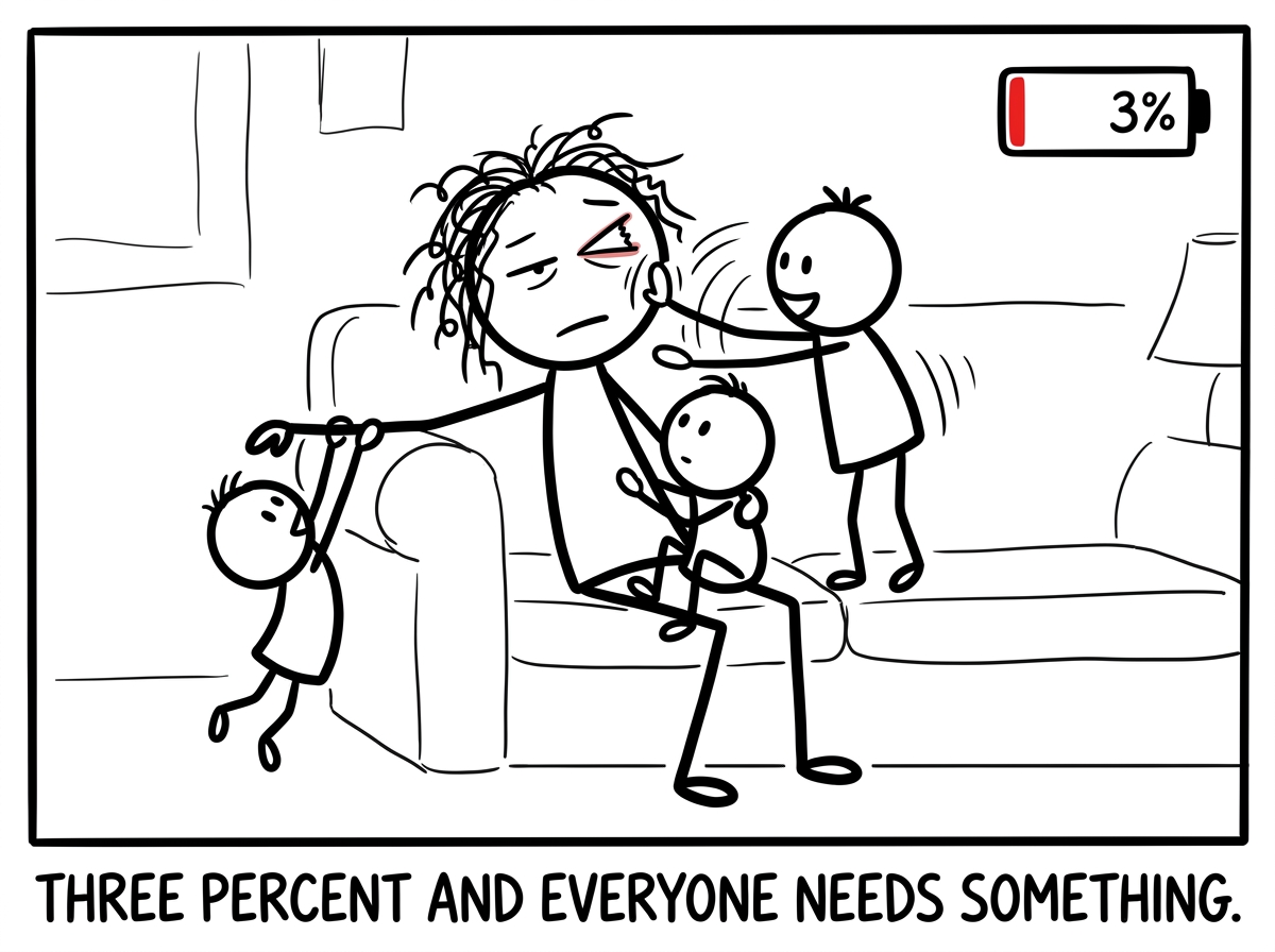 Three children now piled on the parent — one on their lap, one hanging off their arm, one patting their face. The battery icon now shows 3 percent. The parent's eye twitches slightly