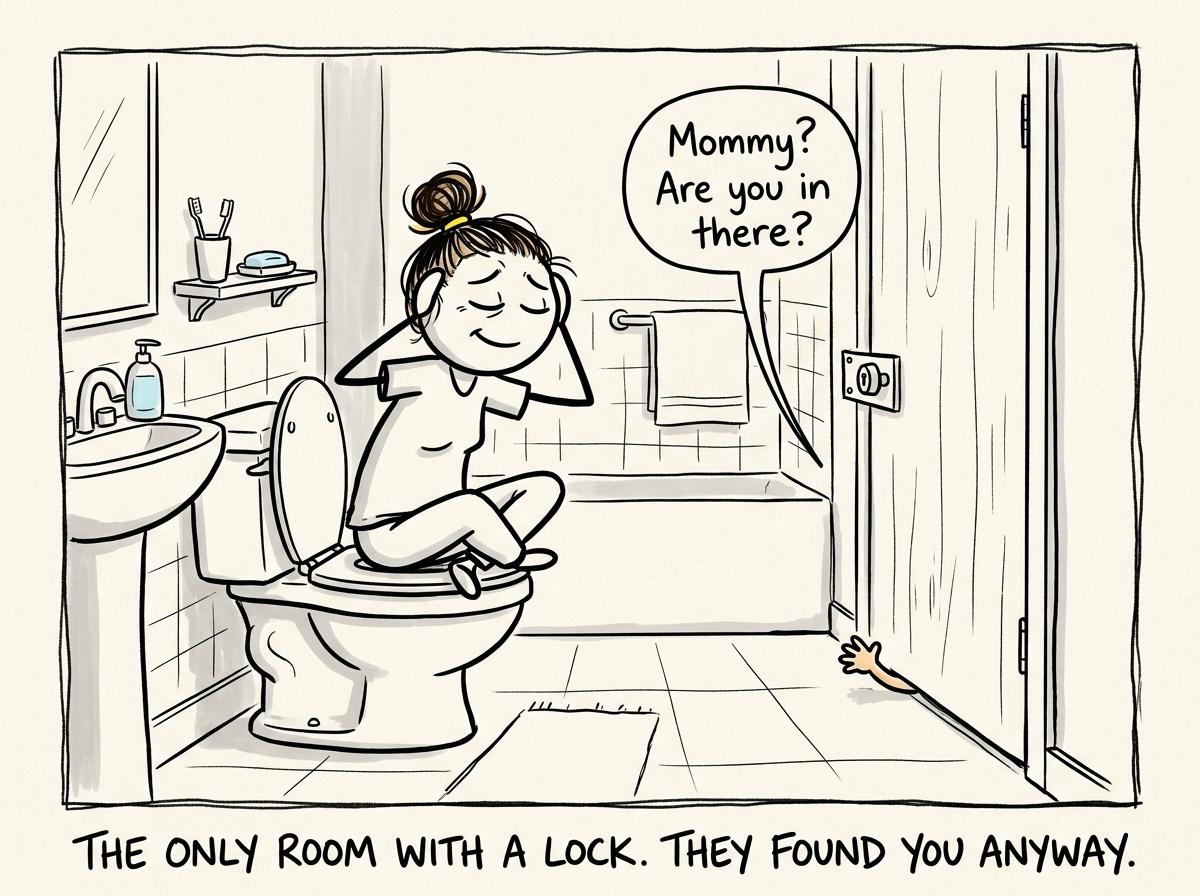 The parent in the bathroom, hiding. They are sitting on the closed toilet lid with their eyes closed, savoring five seconds of silence. A tiny hand appears under the door. A small voice says 'Mommy? Are you in there?'