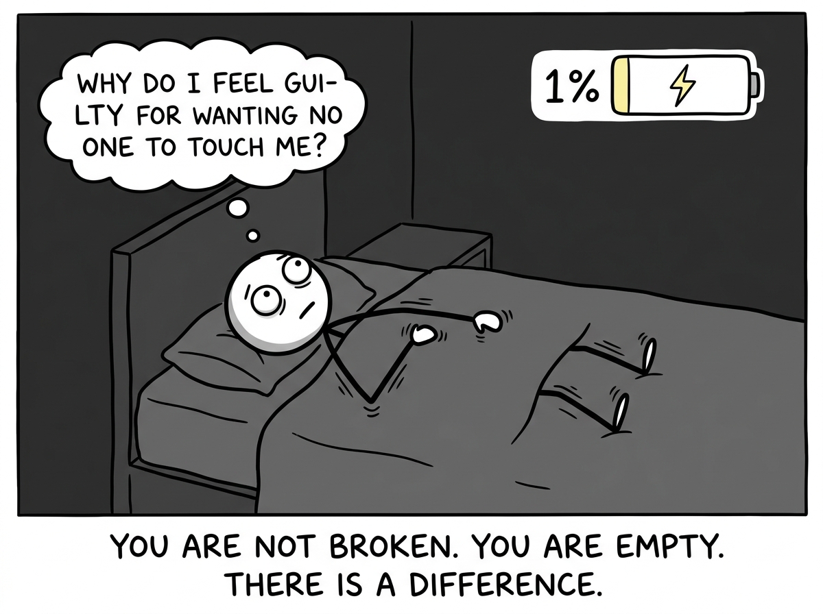 The parent lying in bed at night, finally alone. Their body is rigid, still braced for contact. A thought bubble reads 'Why do I feel guilty for wanting no one to touch me?' The battery icon shows 1 percent, charging