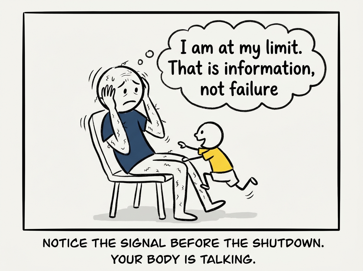 A parent noticing their skin crawling as a child climbs onto their lap. Instead of gritting through it, a thought bubble reads 'I am at my limit. That is information, not failure'