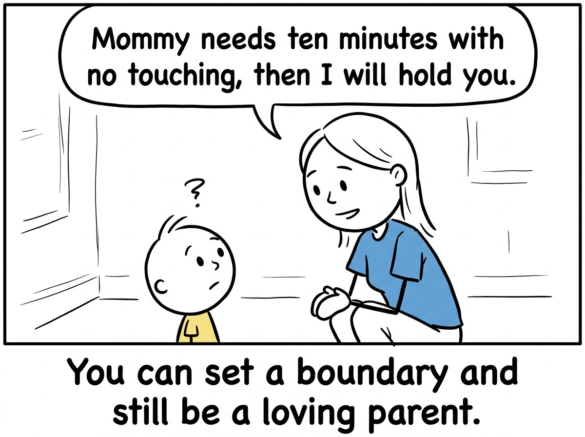 The parent gently saying to their child 'Mommy needs ten minutes with no touching, then I will hold you.' The child looks confused but the parent stays kind and firm