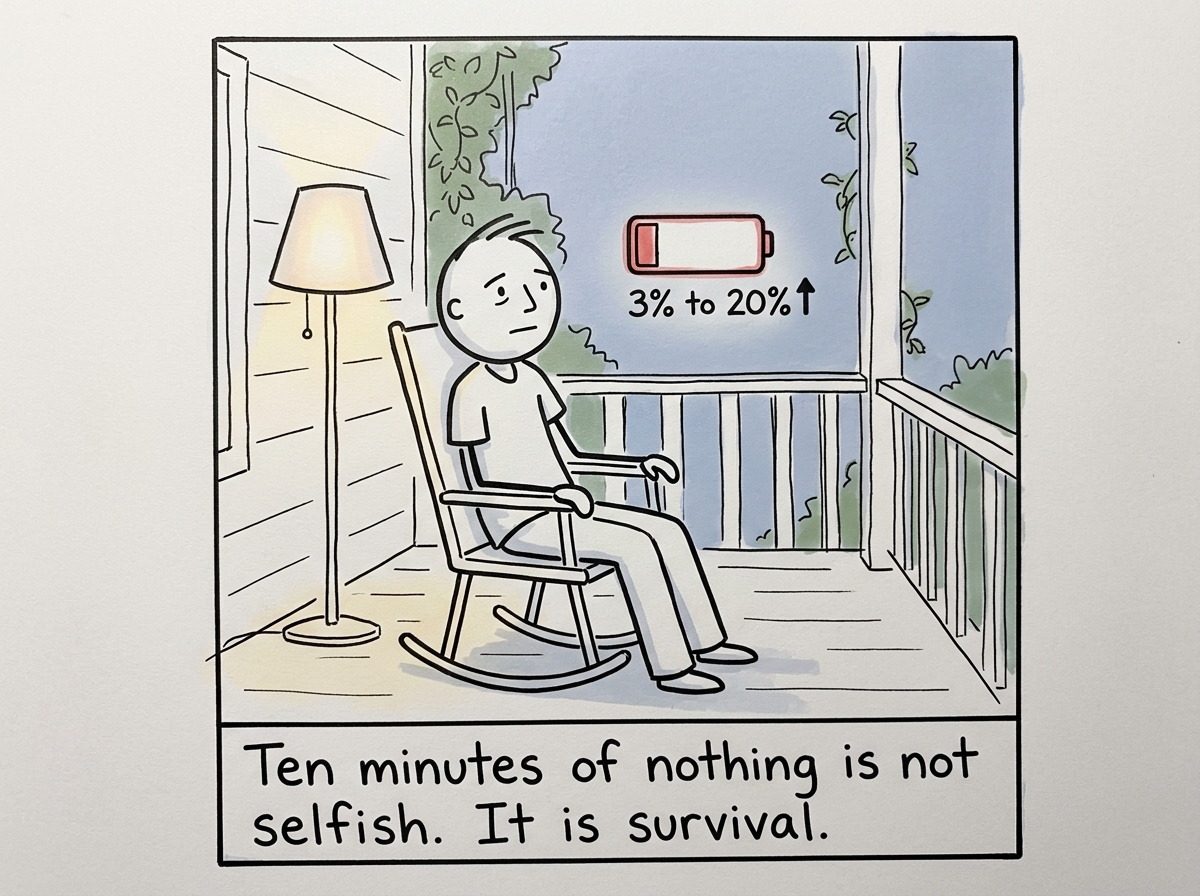The parent sitting alone on the porch for ten quiet minutes, no one touching them. Their shoulders drop. Their jaw unclenches. The battery icon ticks up from 3 to 20 percent