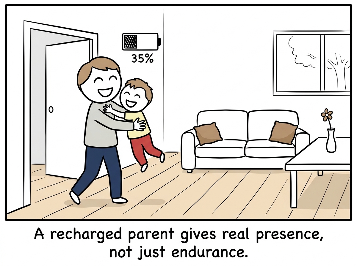 The parent coming back inside and scooping up their child for a genuine hug -- not a forced one. Both are smiling. The battery reads 35 percent