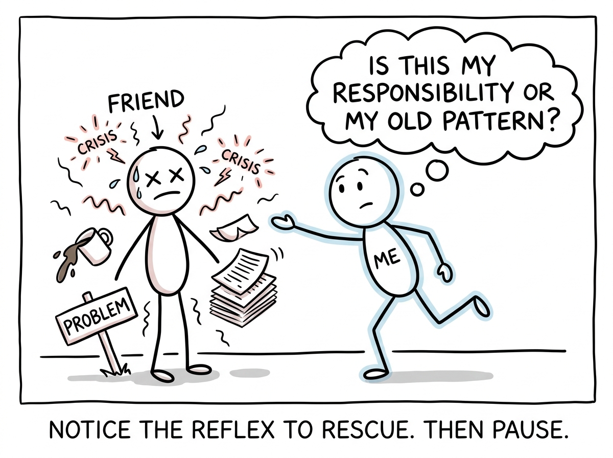 A stick figure about to jump in and fix a friend's crisis, then pausing and asking themselves 'Is this my responsibility or my old pattern?'